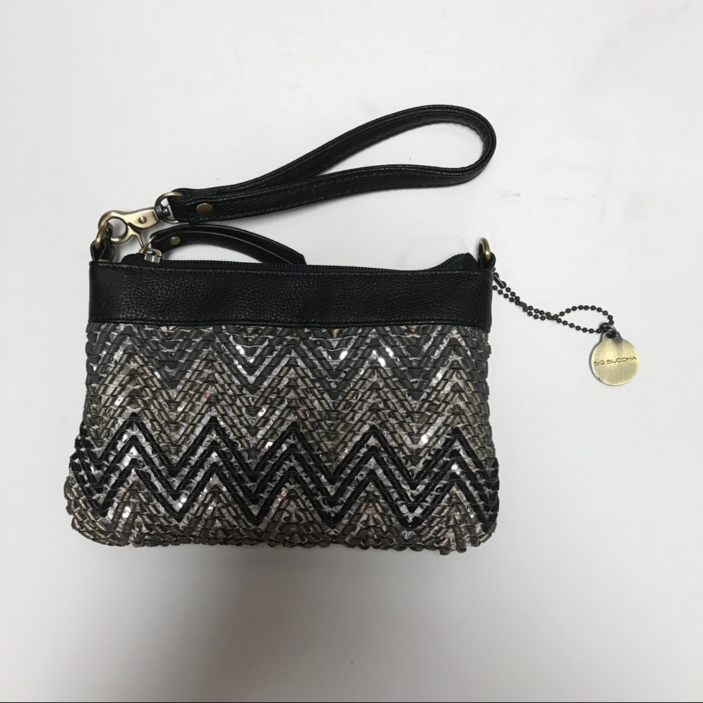 BIG BUDDHA Mini Crossbody Bag or Wristlet black & silver chevron pattern